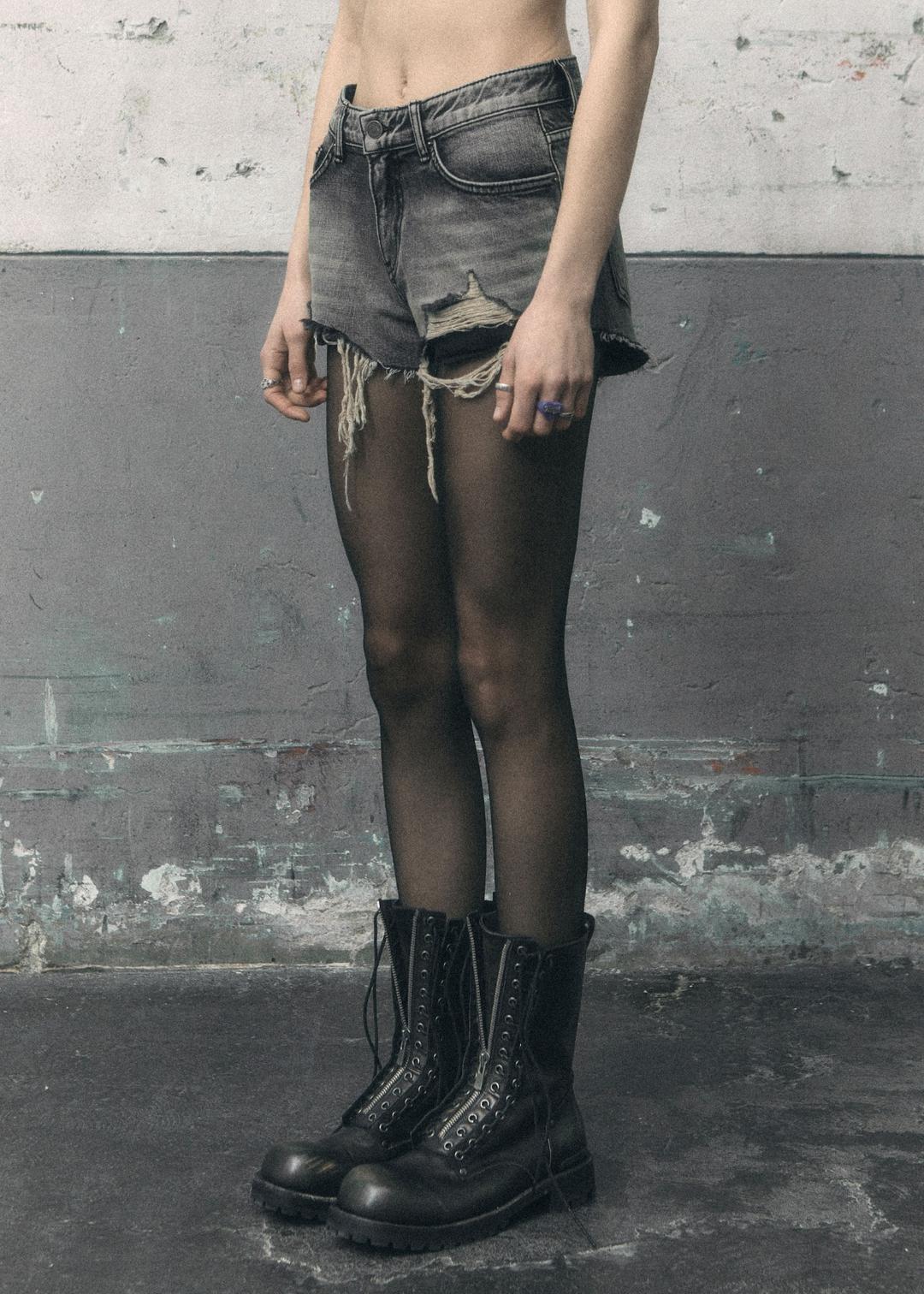 [13TH] DESTROYED GRAY DENIM SHORTS