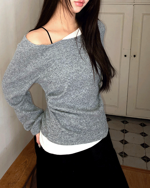 원더원더 [허리잘록💗] 로유 언발 배색 셔링 원오프숄더 긴팔 티셔츠