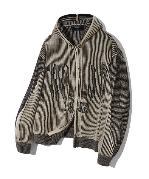 워셔블 투 톤 후드 집업 그래픽 니트 (BEIGE)