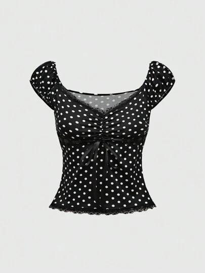 ROMWE Goth V-Neck Polka Dot Tee With Bow Decoration For Women, Slim-Fit And Versatile