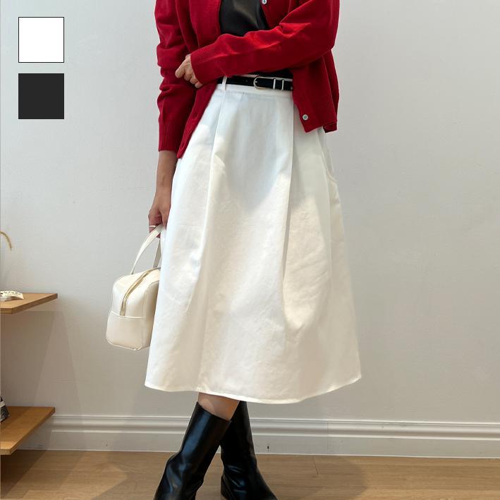 화이트위시 투유 플레어스커트 미디 롱치마 화이트스커트 포켓 핀턱치마 코튼