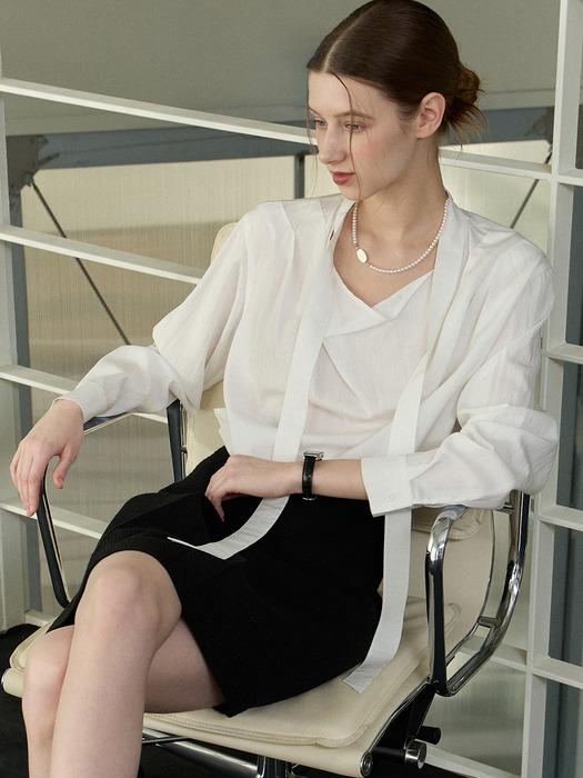 [단독] Draped Neck Tie Blouse - 2Color