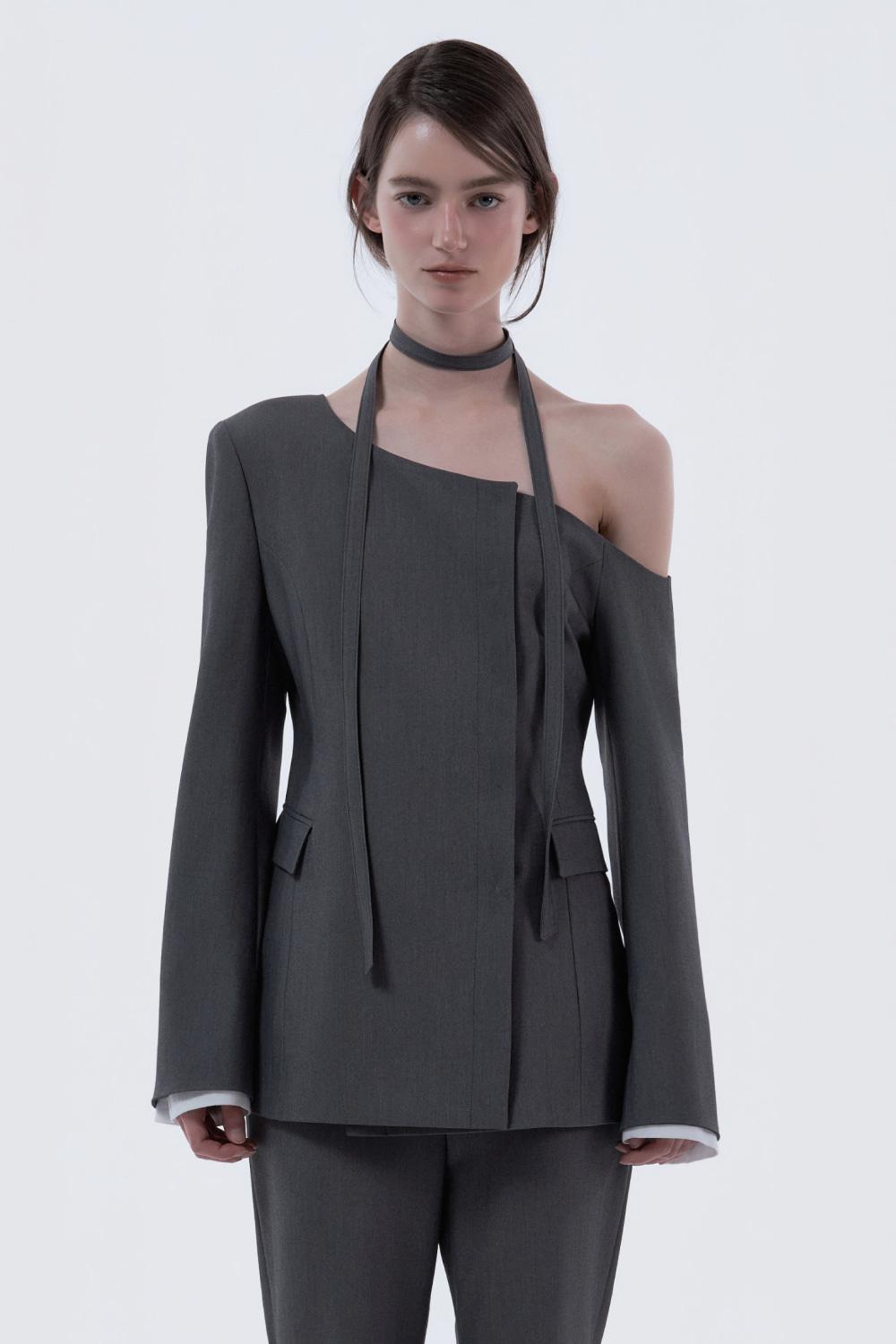 Emma String Off Shoulder Contrast Sleeve Layered Jacket - Grey