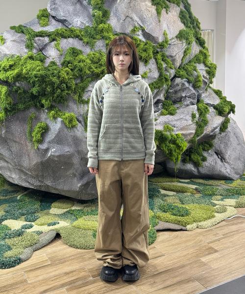 오디피기X탄산 스트라이프 버튼 후드집업 (세이지그린)