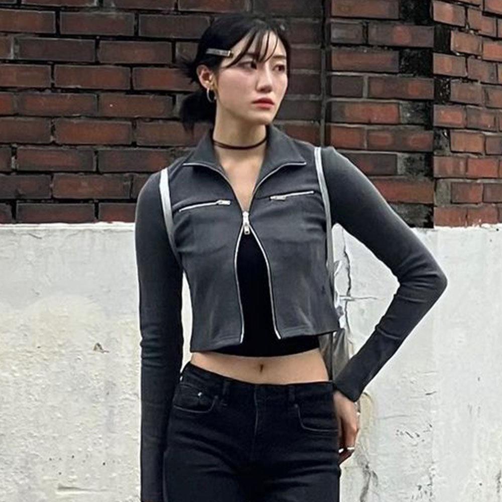 [패션52]투웨이 집업 크롭 티셔츠_GREY