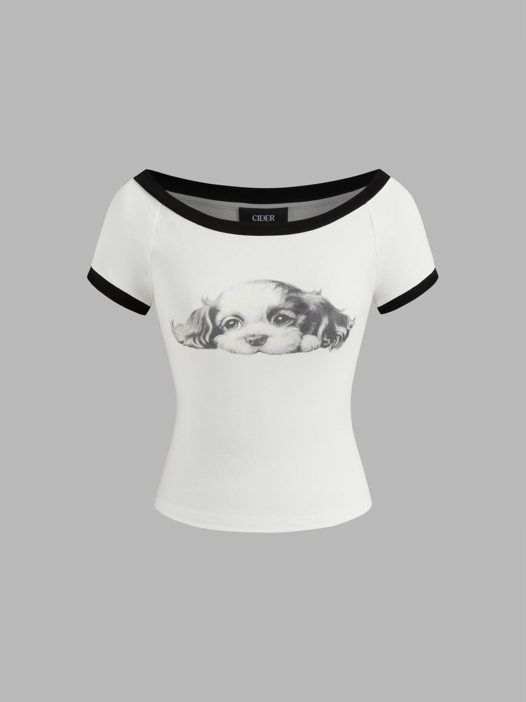 Cotton-blend Dog Graphic Contrasting Binding Crop Tee