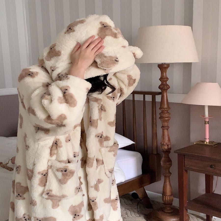 [당일출고🚀]부드러운 극세사 후드 로브가운 곰돌이 바지 수면잠옷