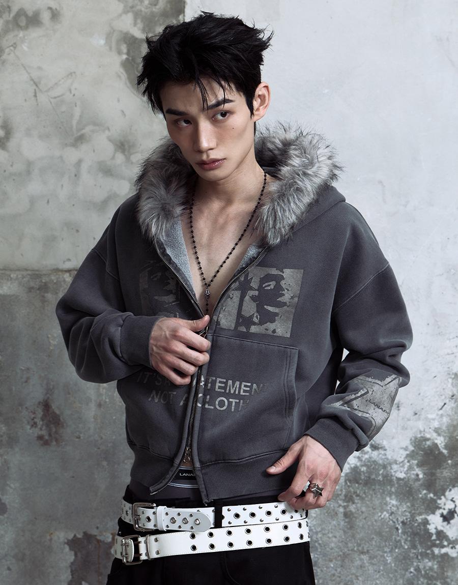 [0088] Fox Fur Star Print Hoodie Zip-up - Charcoal