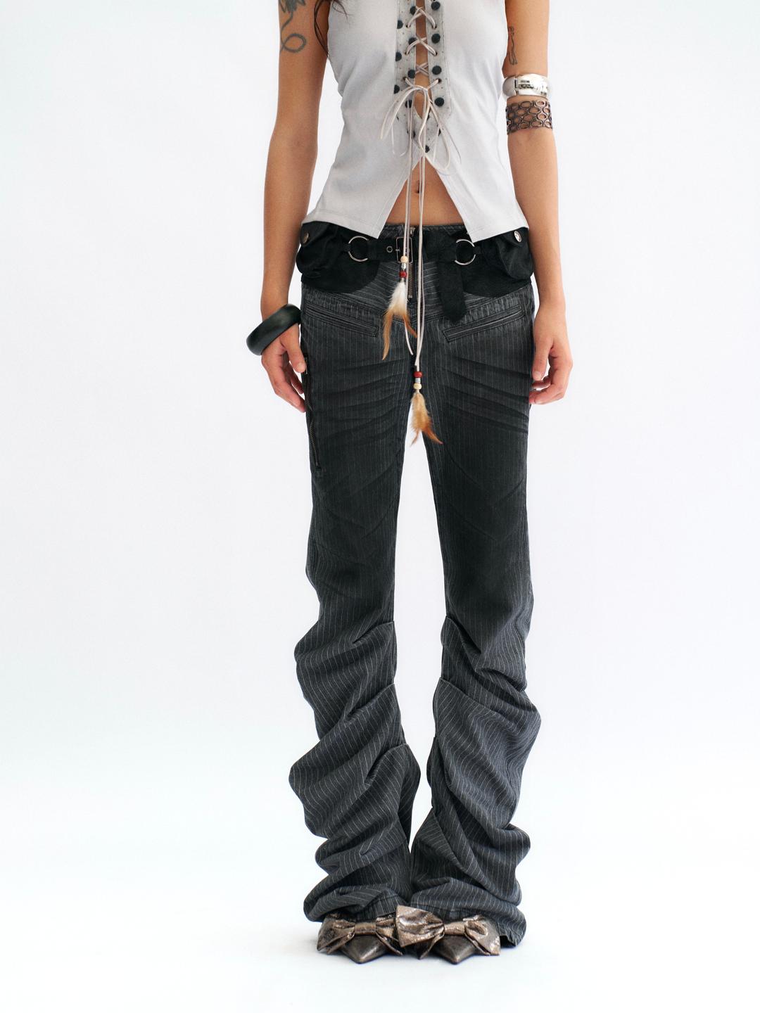 Gray Striped Inkjet Cat Beard Pile Pile Jeans