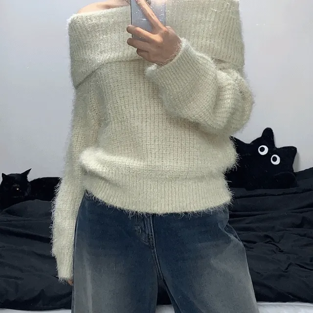 여리핏 앙고라 솔잎 오프숄더 니트 (5colors)