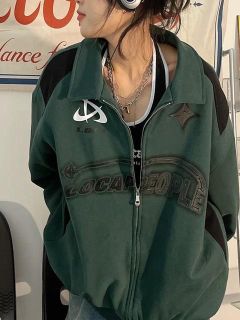 레터링 프린트 지퍼 자켓 아메리칸 레트로 스트리트 힙합 자켓 여성용, 오버사이즈 한국 캐주얼 트렌드 Y2K 코트
