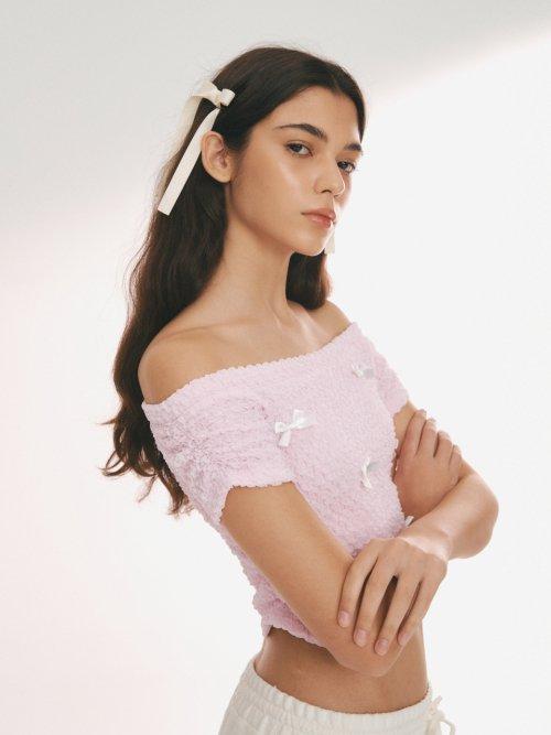 Ribbon Off-Shoulder T-shirts [PINK]