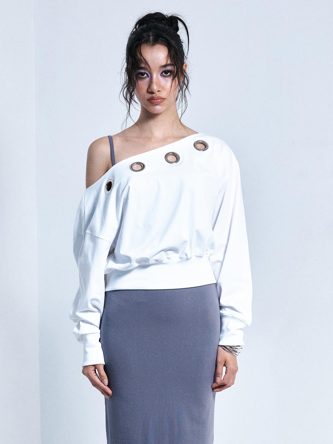 Kealy Eyelet Off-Shoulder Long Sleeve Top (White)