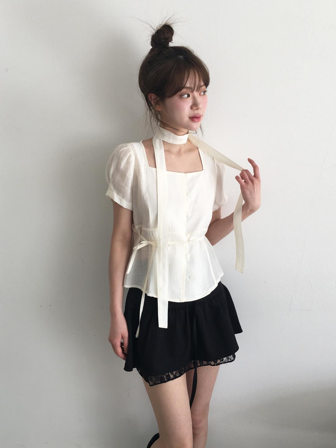 노비야카 [컬러추가] Nostalgia scarf blouse (Ivory, khaki, black)