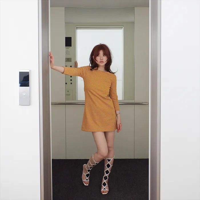 boat neck stripe mini dress in yellow
