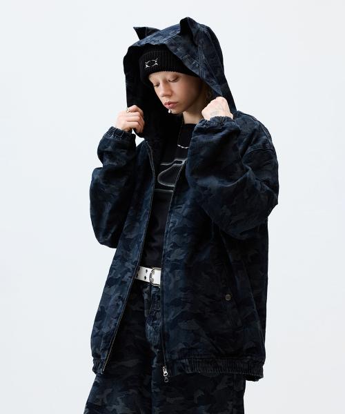 DEVIL EARS CAMO WASHING SET UP DENIM HOODY ZIP UP BLACK
