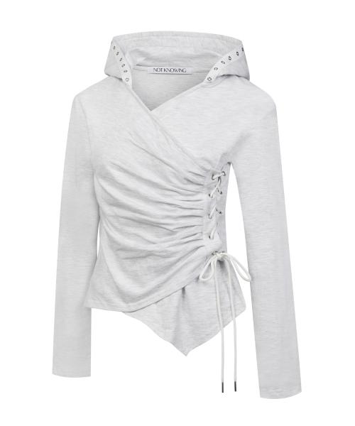 Lace Up Shirring Eyelet Hoodie (MELANGE WHITE)