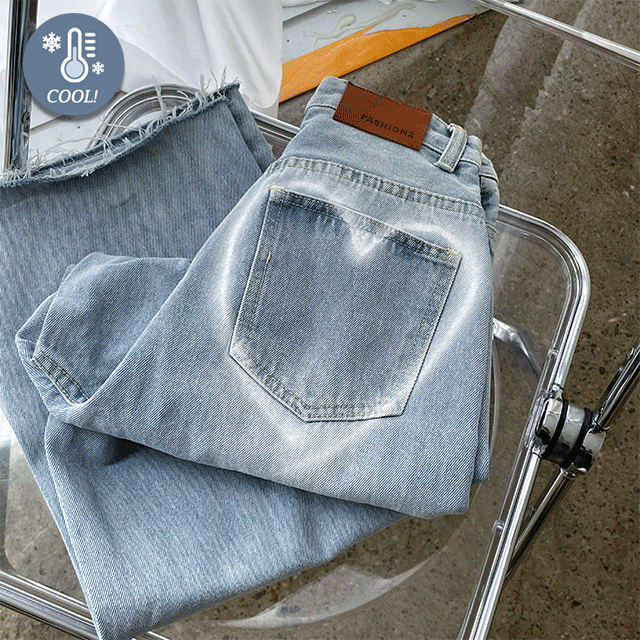 러위 하이웨스트 하트 워싱 커팅 와이드 청바지 [연청와이드/찢청/여름청바지/데님/바캉스룩/휴가/워터밤]