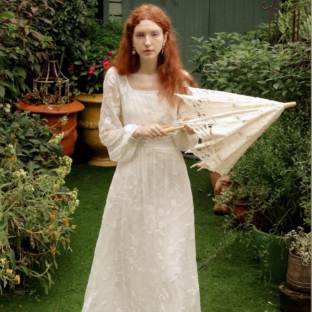 White floral crepe square neck dress