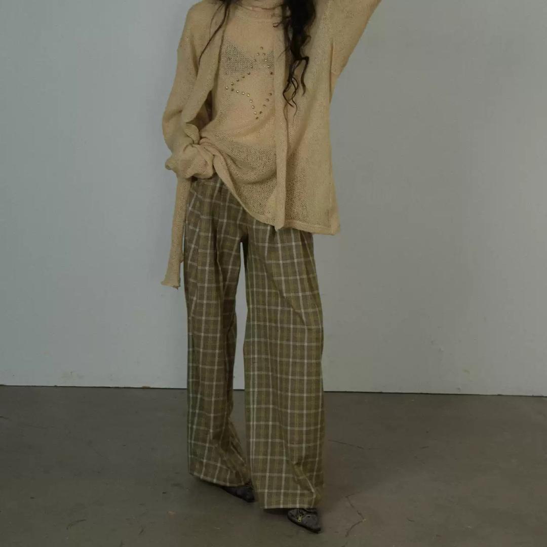 LVETONG 팬츠 빈티지 체크 와이드 핀턱 슬랙스