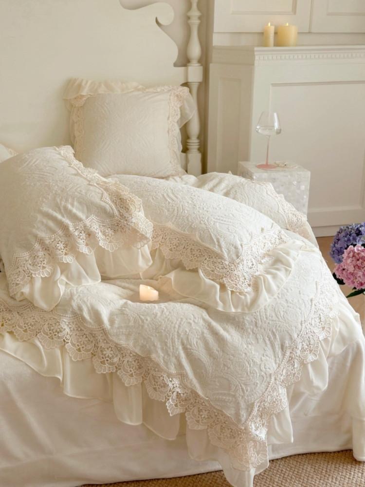 공주 겨울 따뜻한 연꽃 레이스 이불 커버 베개 세트