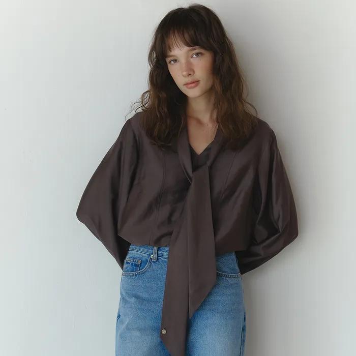 [RENEWAL] Draped tie blouse_brown (1/2size)