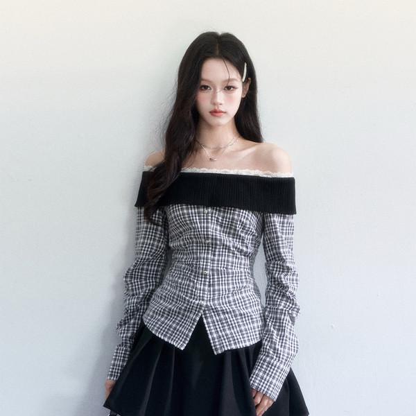 Off-Shoulder Check Blouse