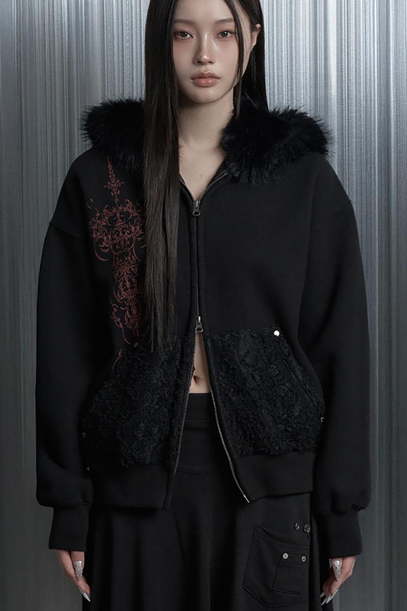 Printing Lace Soft Fur Hood Zip-Up (Black)