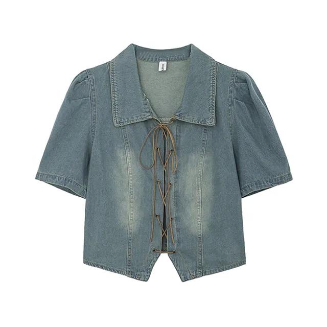 빈티지 데님 리본 반팔 셔츠