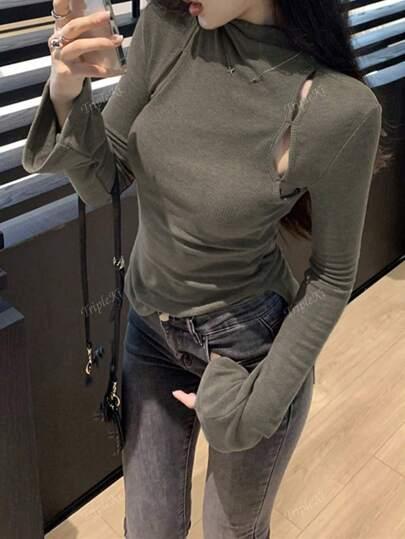 Women 2024 New Slouchy Knitted Sweater, High-End Hollow Slim Fit T-Shirt, French Style