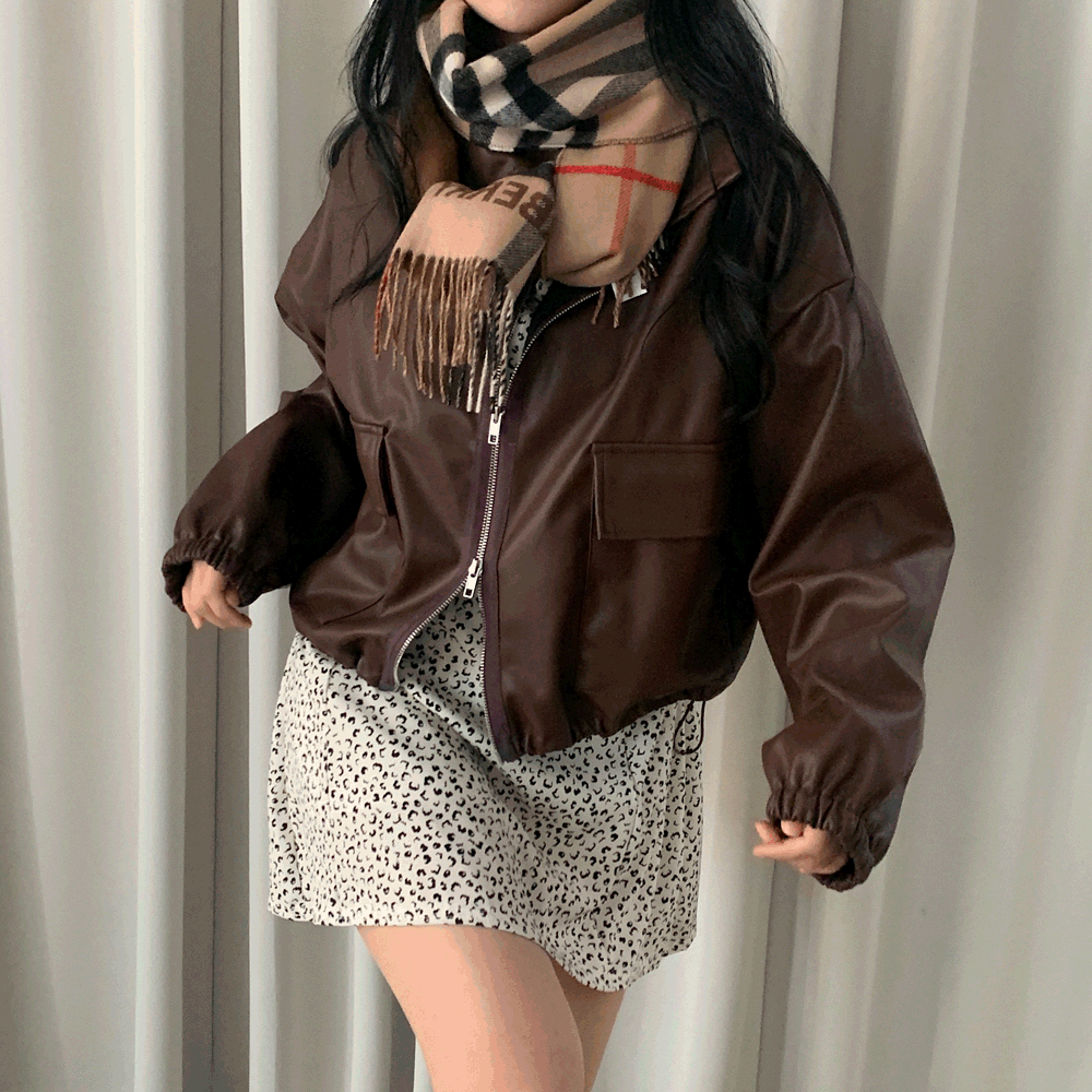 [코디북] 제인 레오파드 미니 원피스+미드나잇 레더 투웨이 스트링 라이더 크롭 숏자켓 set