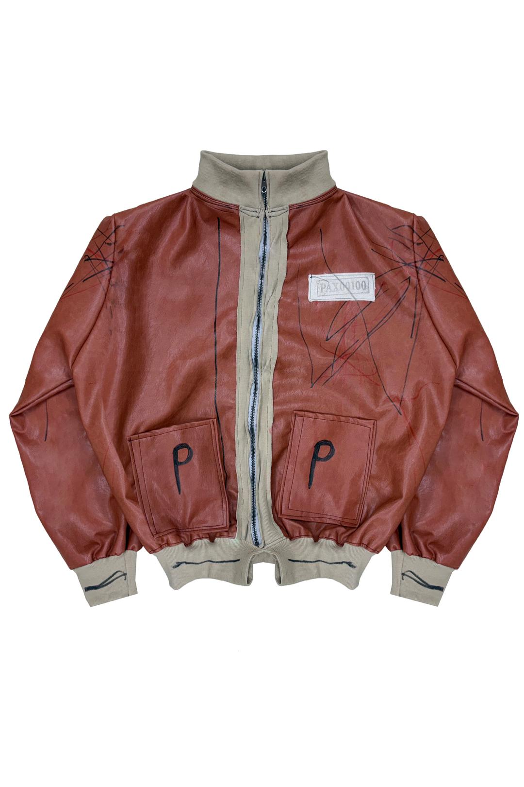 Brown Leather Zip-Up Jacket with P-Pocket Doodle
