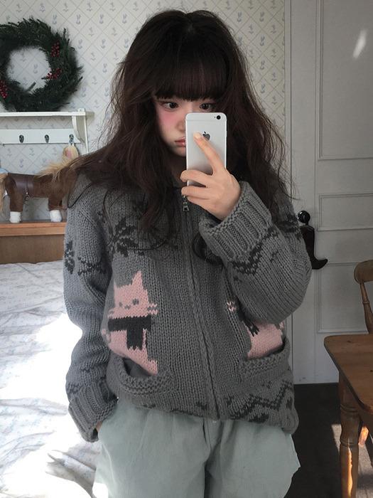 Wool Cowichan Cat Knit Zip-Up_2Color
