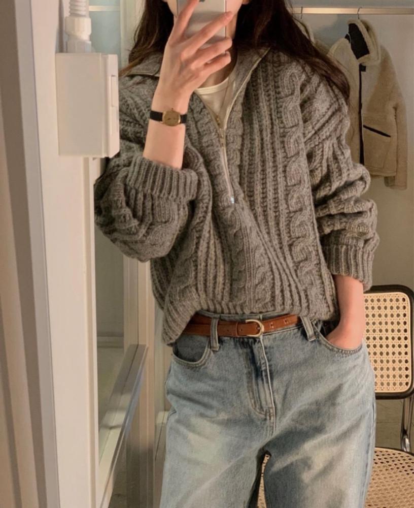 [러버블리] 비스타 케이블 울 반 집업 니트 베이지 핑크 그레이