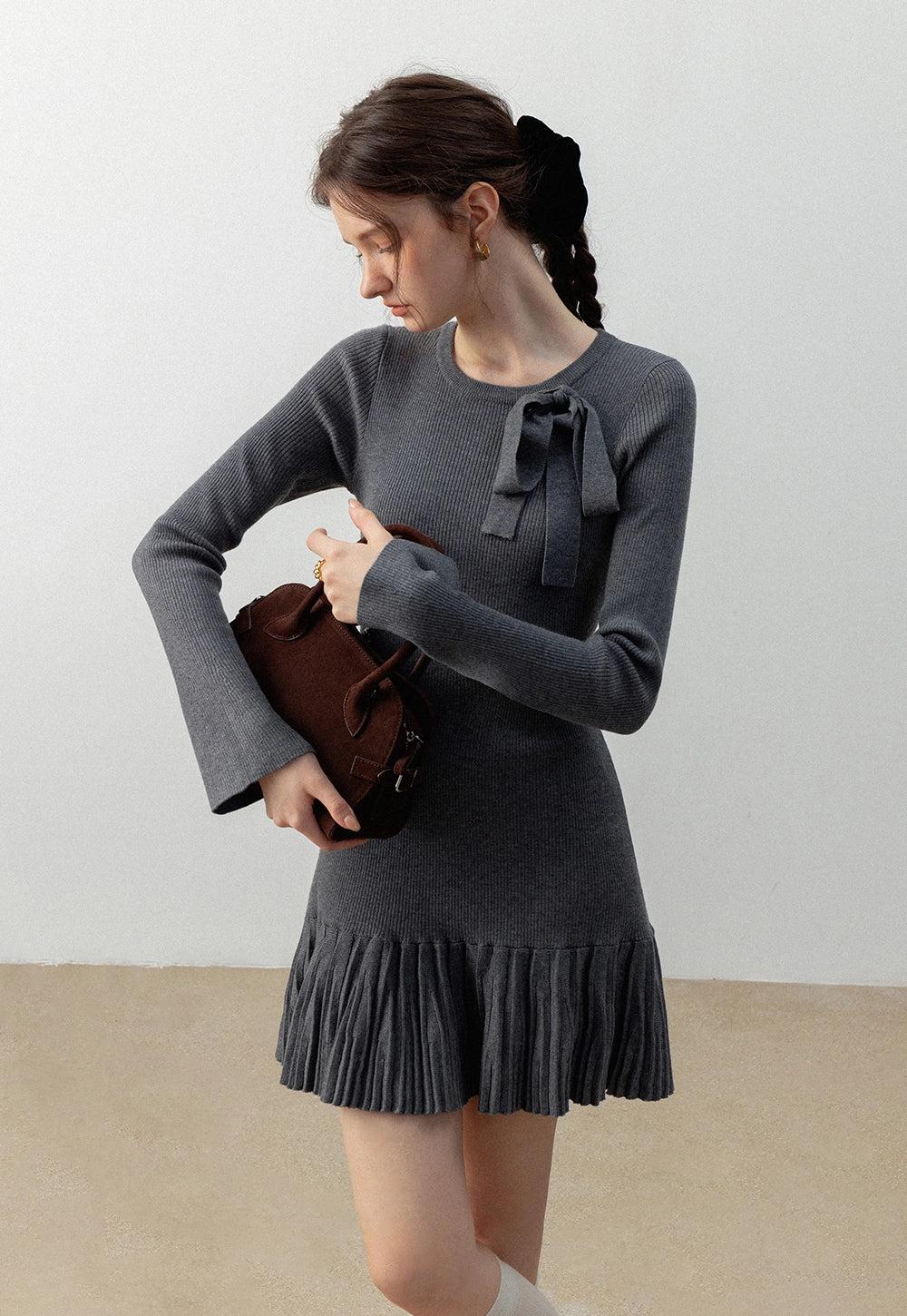 Ribbed Knit Dress with Bow Detail