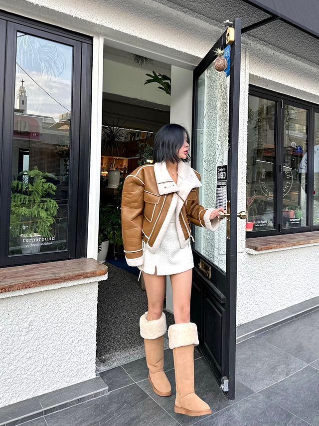 천연소가죽 버튼 양털 니하이 롱 어그부츠