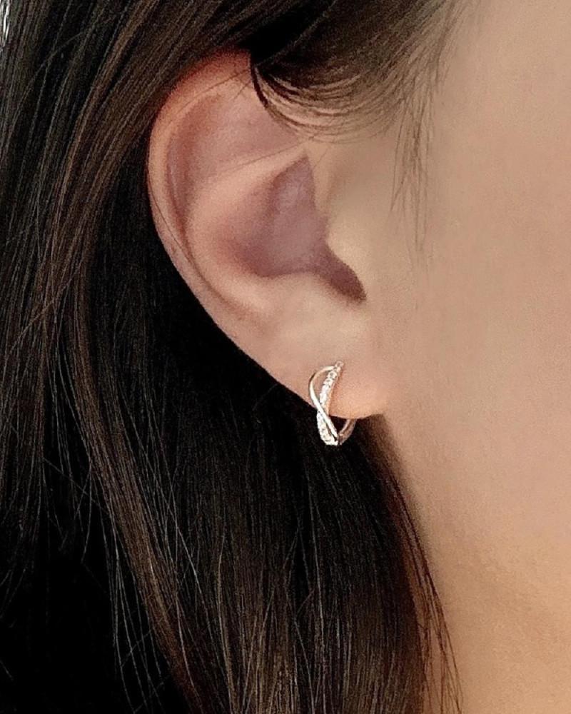 실버925 슬림 물결 큐빅 미니 원터치 링 귀걸이 (실버,로즈골드)