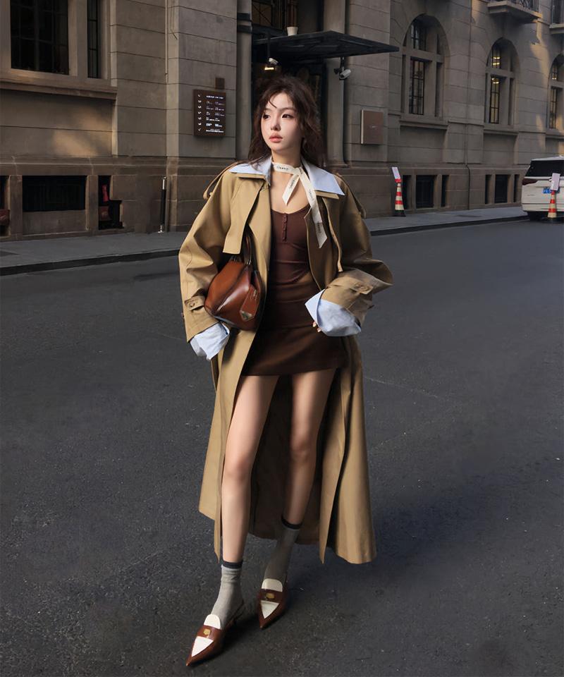 배색 라펠 레이어링 트렌치코트