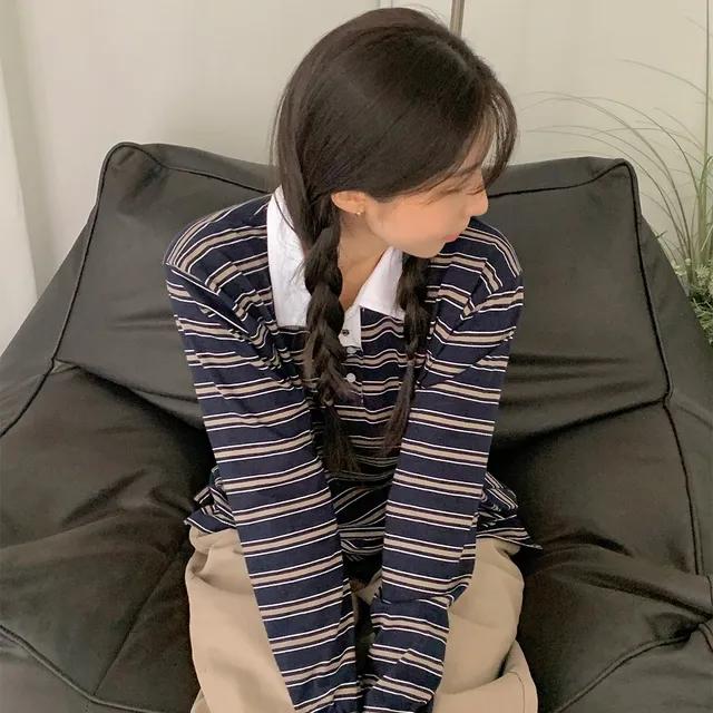 런던 카라 배색 티셔츠 박시한 단추 스트라이프 티 2color