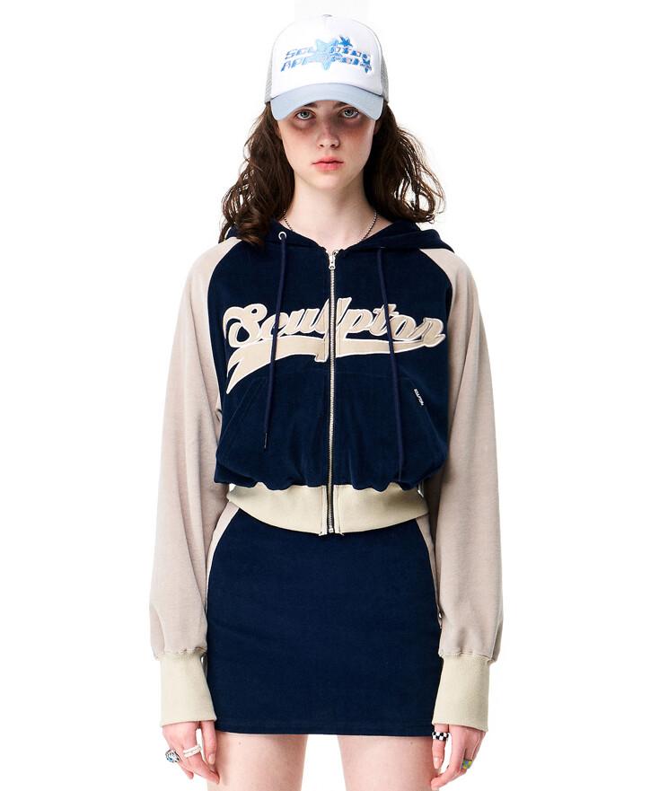 Velour Track Zip-Up Hoodie Navy/Gray