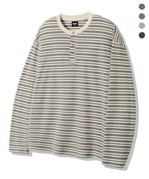 스트라이프 와플 링 스냅 헨리넥 롱 슬리브_4color