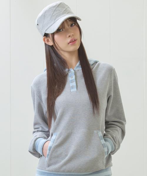 EL WAFFLE STRIPE HOOD TEE(GRAY)