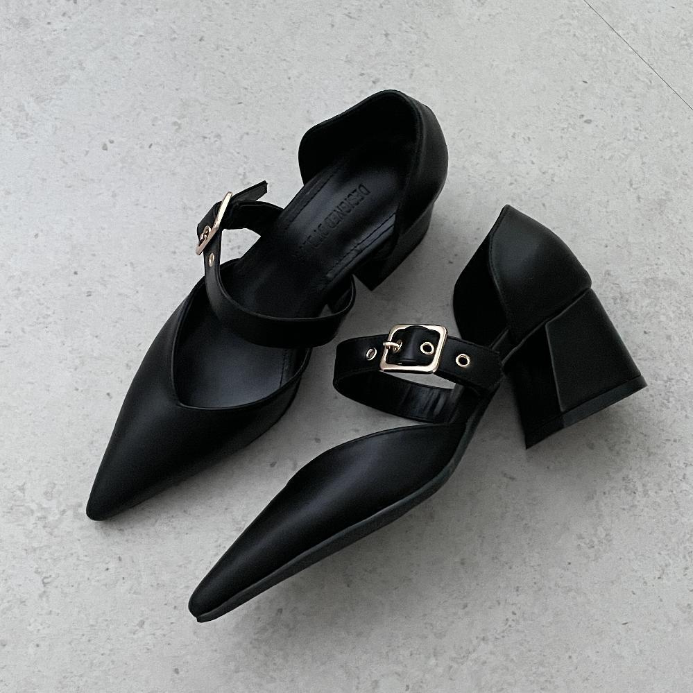 벨라포유 [5cm]사이드오픈 브이컷 버클 벨트 뾰족코 통굽 스틸레토 펌프스 힐