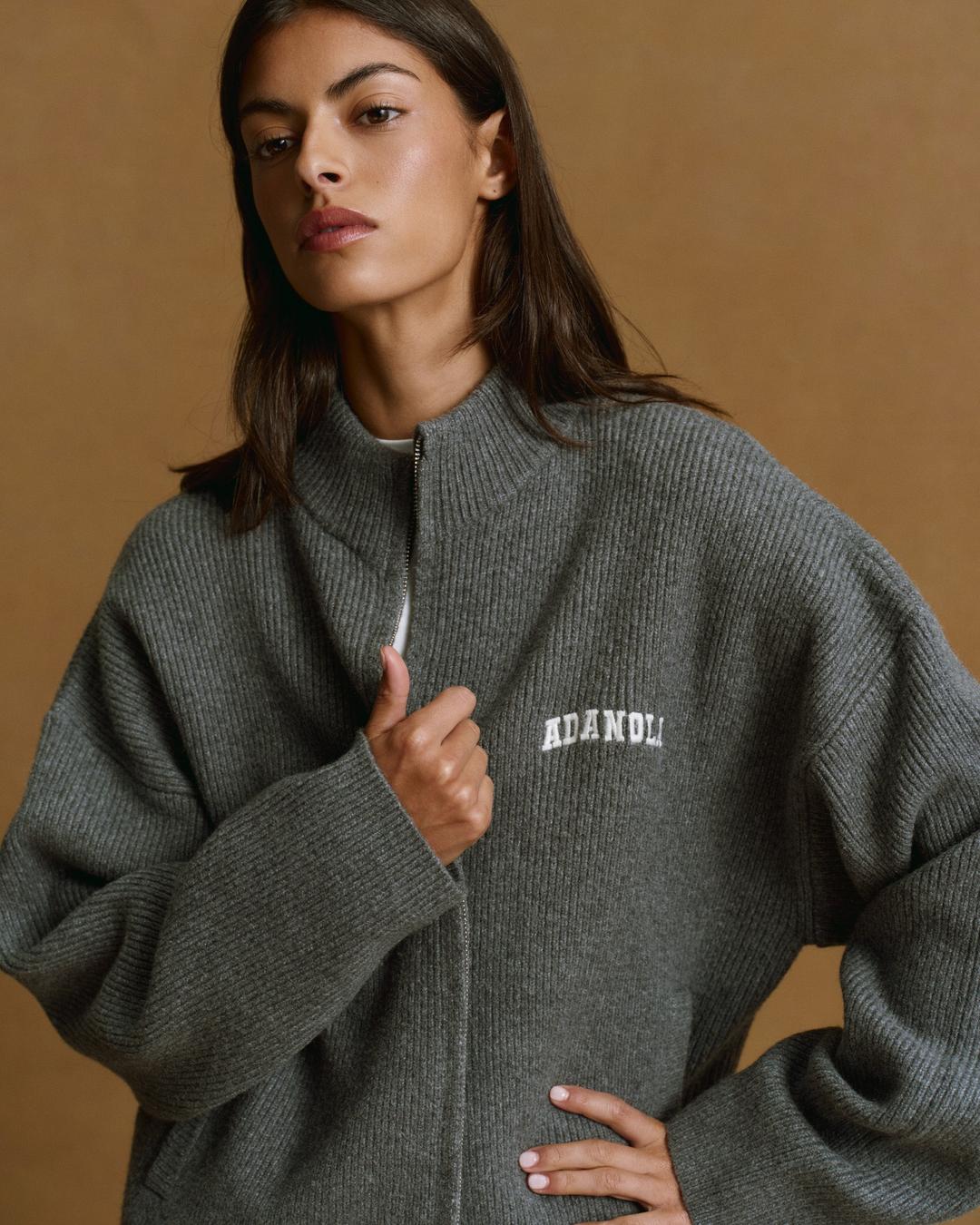 Ribbed Zip Through Knit Sweatshirt - Dark Grey Melange/Marshmallow White - S