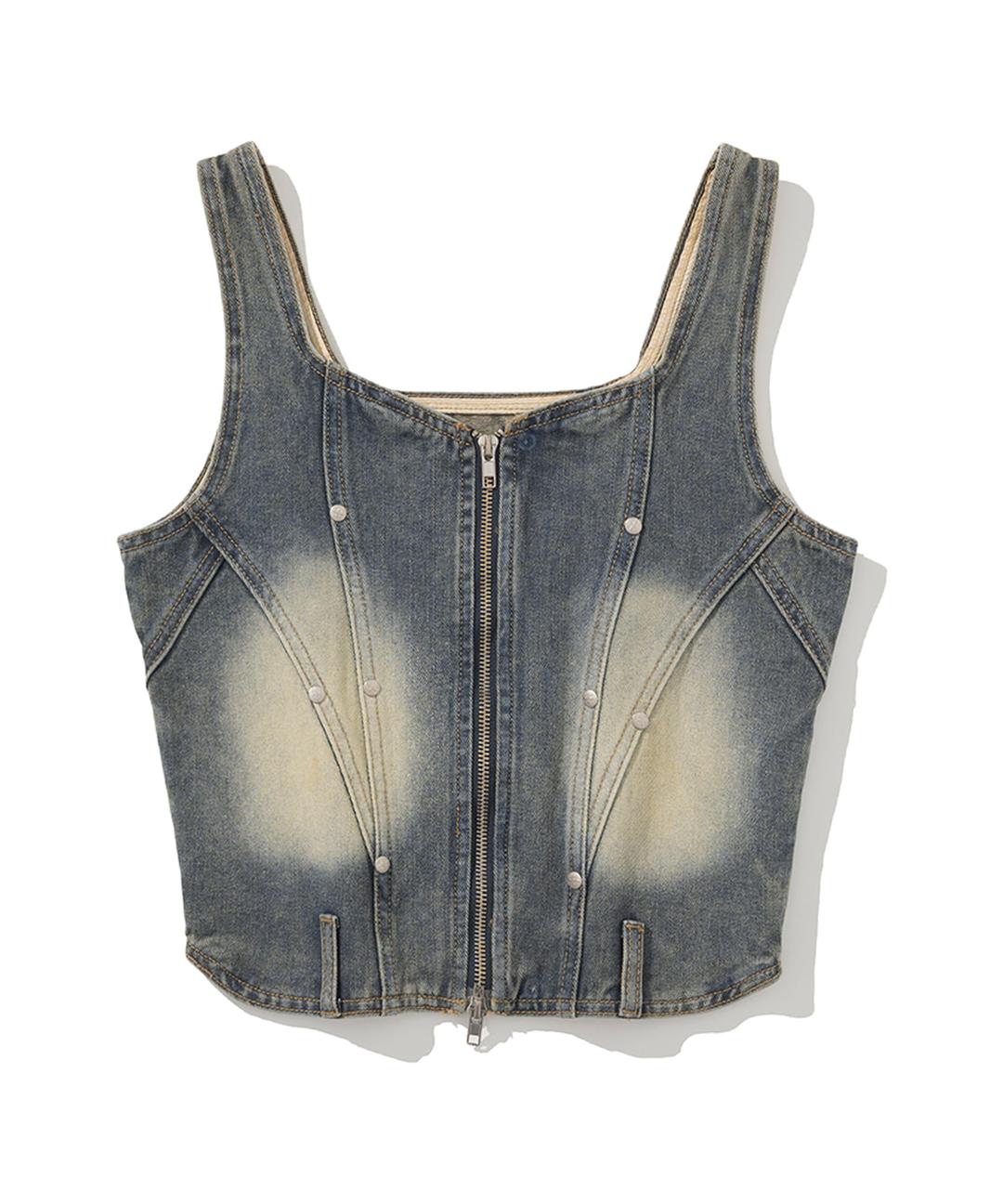W Incision Corset Denim Vest - Deep Blue