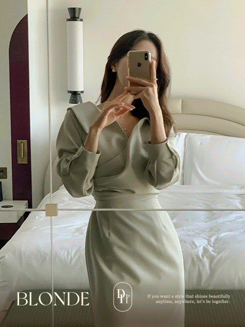 블론드 카라 브이넥 랩 셔링 버클 A라인 롱 원피스(하객룩)