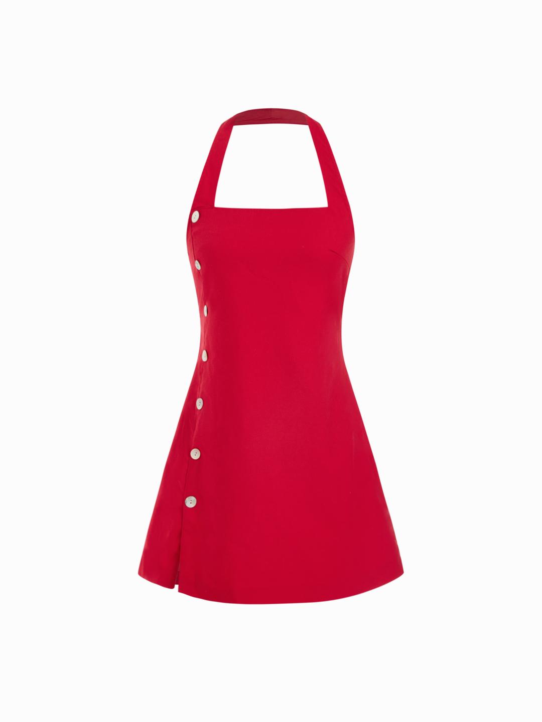 Linen-blend Halter Neck Asymmetrical Button Detail A-line Mini Dress