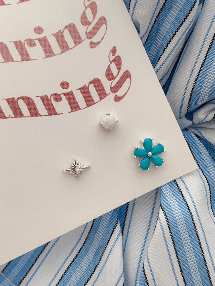 (실버925) 3set 영롱 터키석 오팔 꽃 번개 별 큐빅 귀걸이 세트