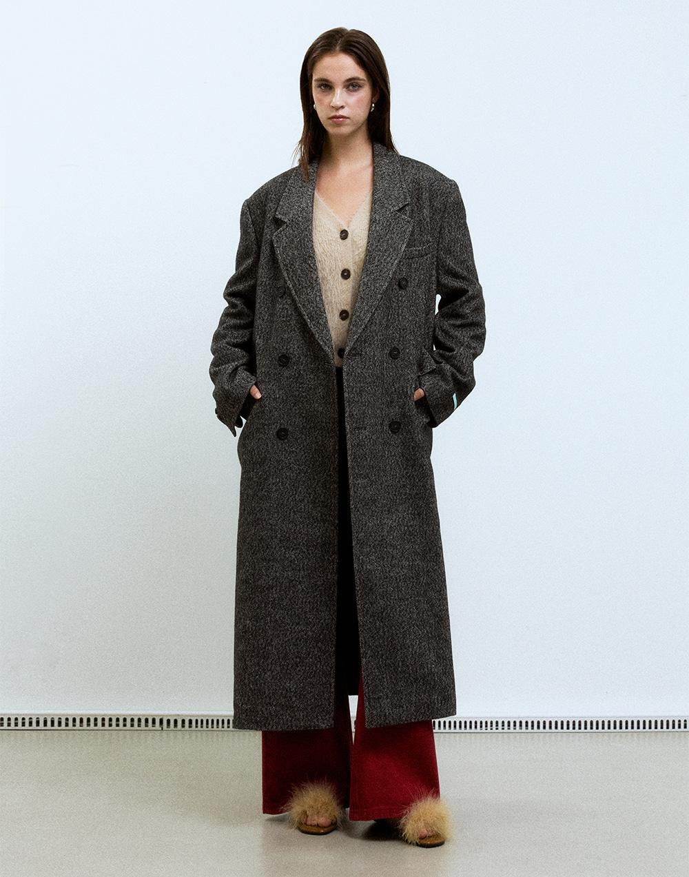 오버사이즈 더블 롱 코트 - 블랙