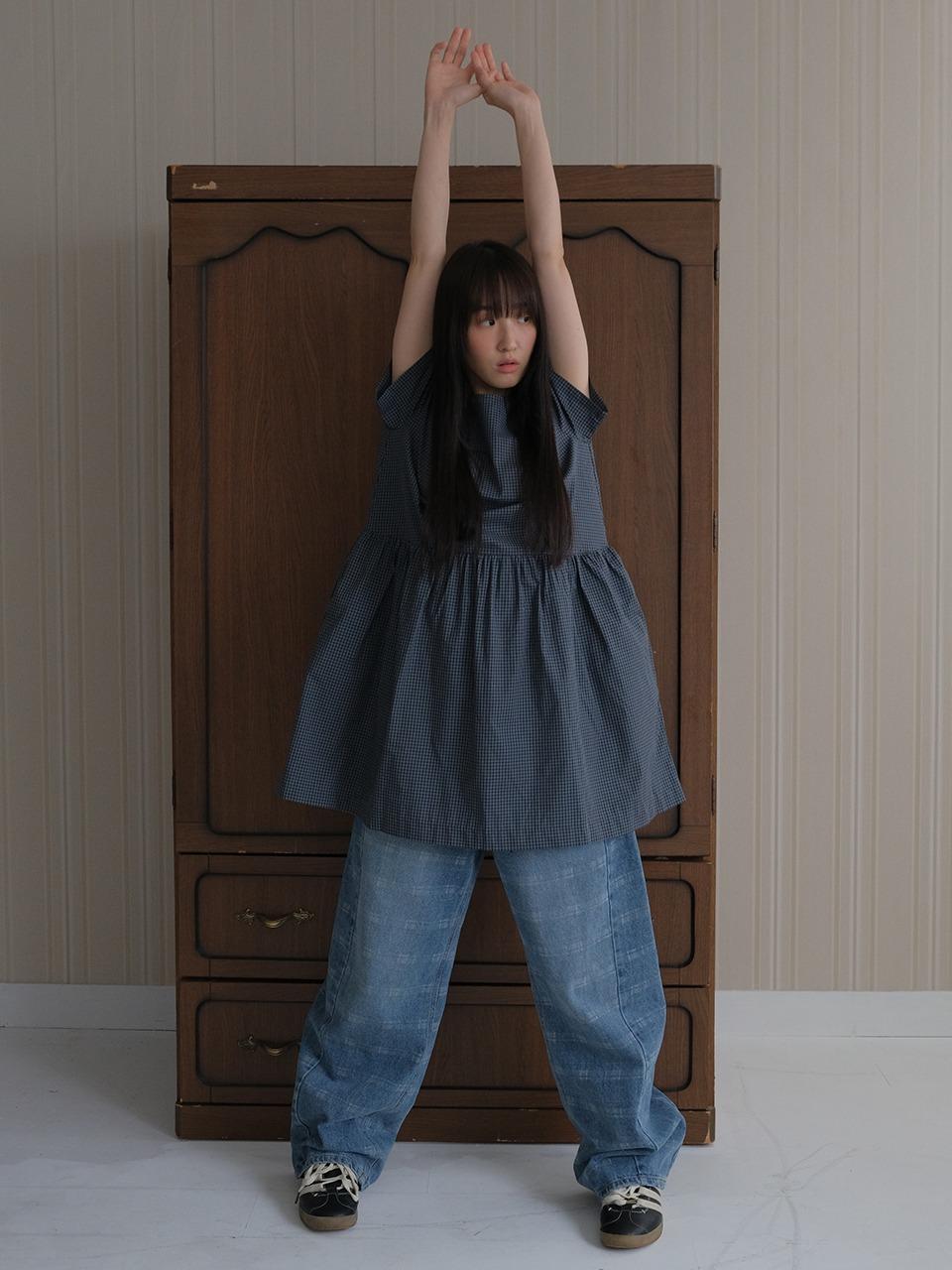 Check shirring dress_blue navy